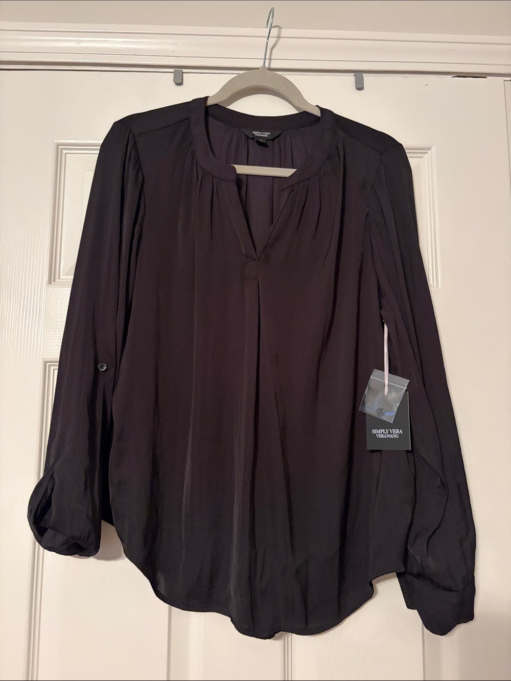 Simply Vera Vera Wang Black Split V-Neck Roll-Tab Long Sleeve Blouse